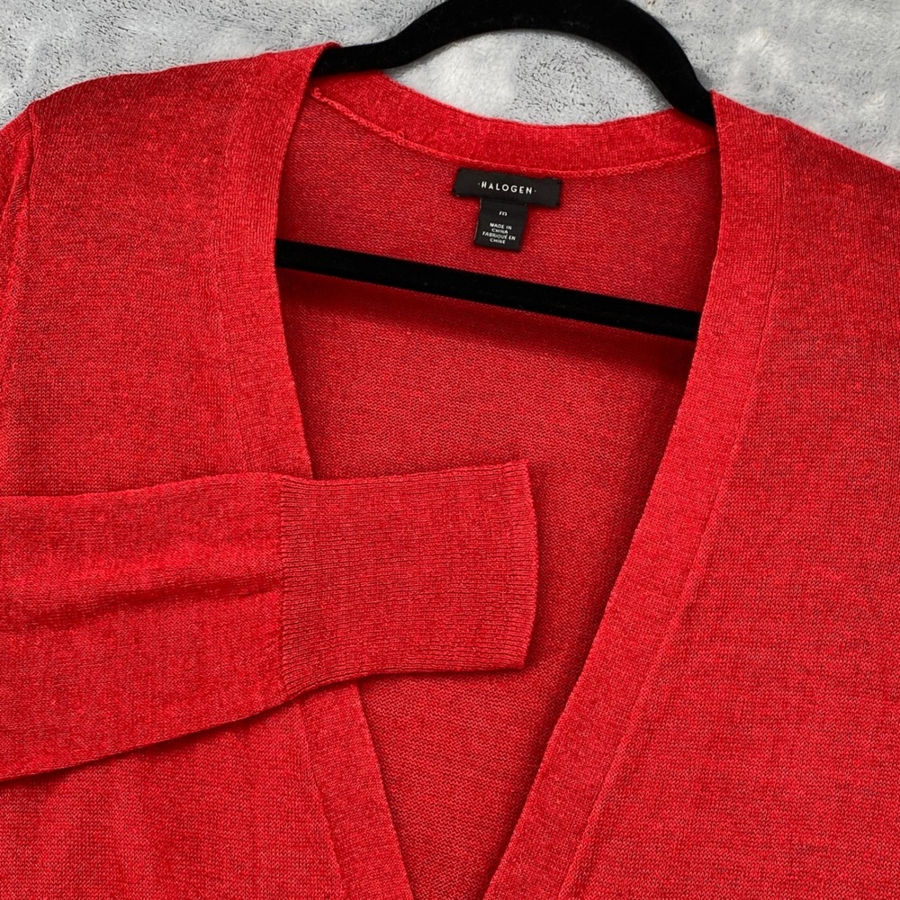 Halogen Womens Medium Linen Blend Red Marl Open Front Longline Cardigan Sweater